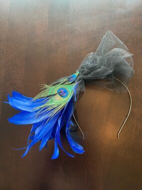 Blue Peacock Feather Fascinator Headband with Black Tulle